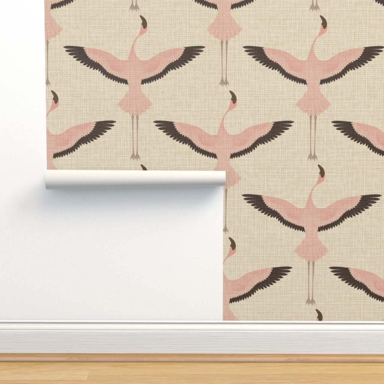 Flamingos Natural Bird Retro Birds Japanese Art Deco Flamingo Custom Pre-pasted Wallpaper by Spoonflower Pre-Pasted Wallpaper 2FT Wide